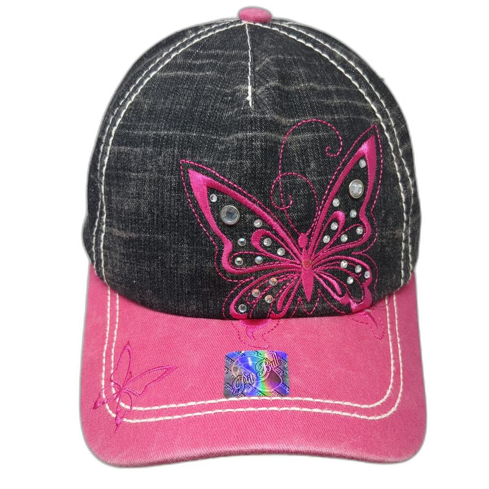 Pit Bull 5 Panel Black Pink Hat Butterfly Embroidery Rhinestones One Size Stitch